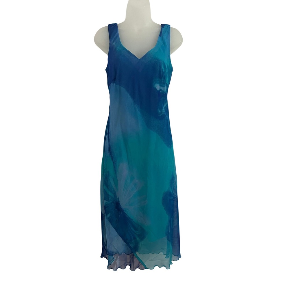 Vtg Rabbit Rabbit Designs Womens Blue Sleevlless Chiffon Overlay 8 Petite